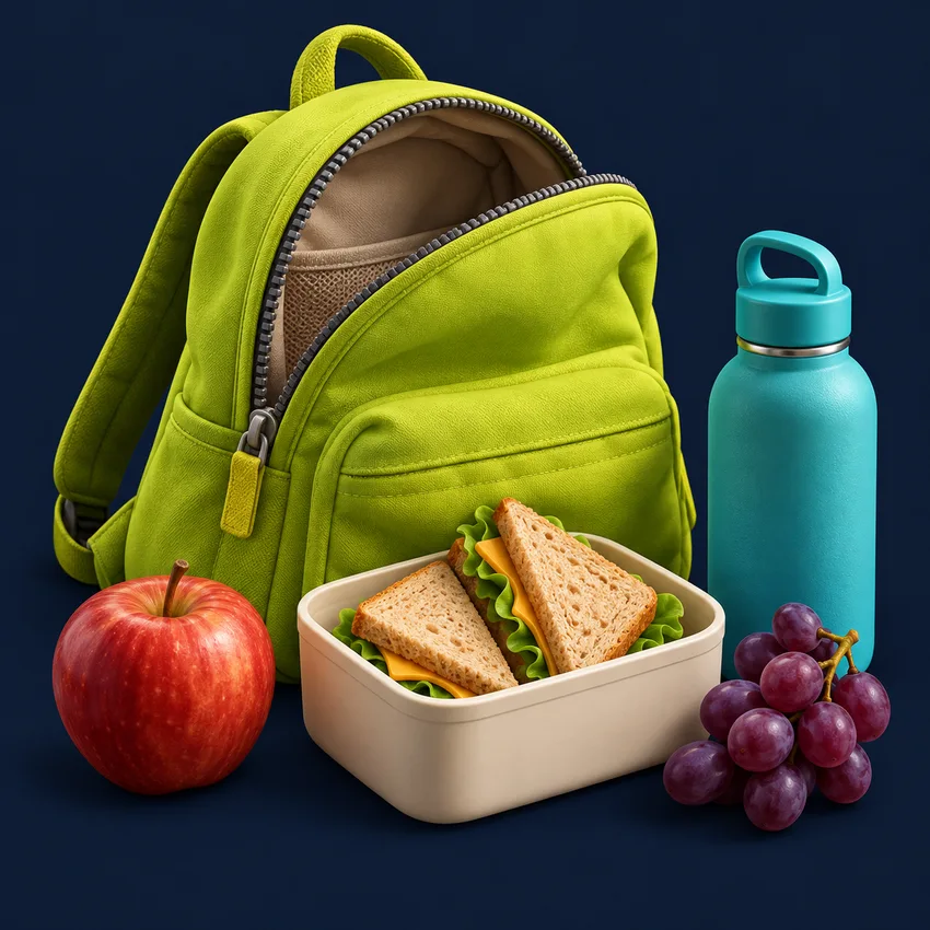 A lime-green lunch bag with sandwiches, an apple, grapes and a water bottle